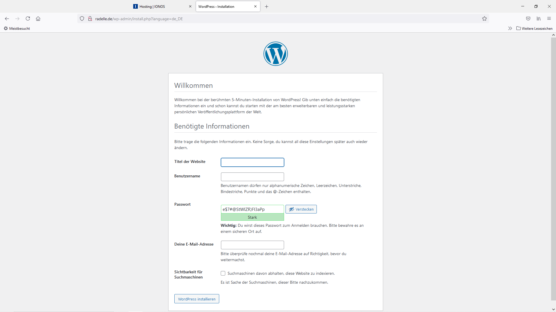 WordPress Installation beendet Angaben zum Blog machen